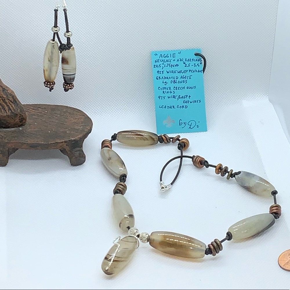 Handcrafted “Aggie” Leather, Banded Agate & 925 Necklace & Earring Set